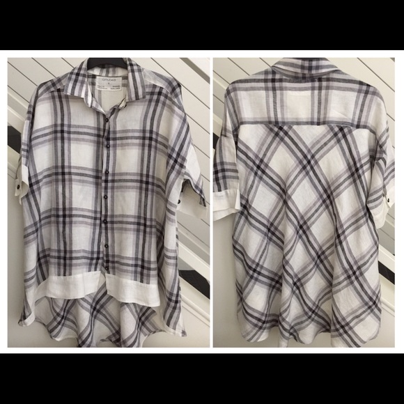 GRIZAS Plaid high-low linen shirt. - Picture 1 of 6